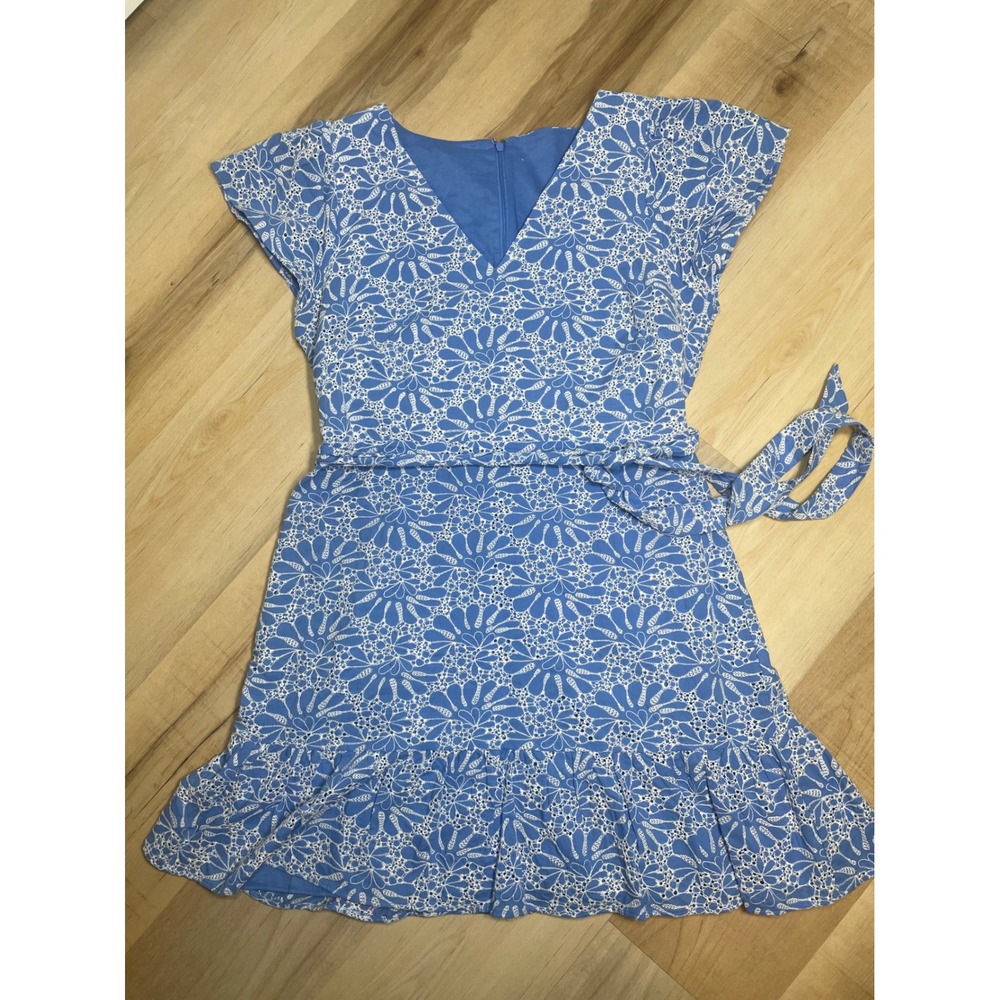Cornflower Blue Floral Eyelet Ruffle Mini Dress V-Neck Tie Waist Cotton Lined‎